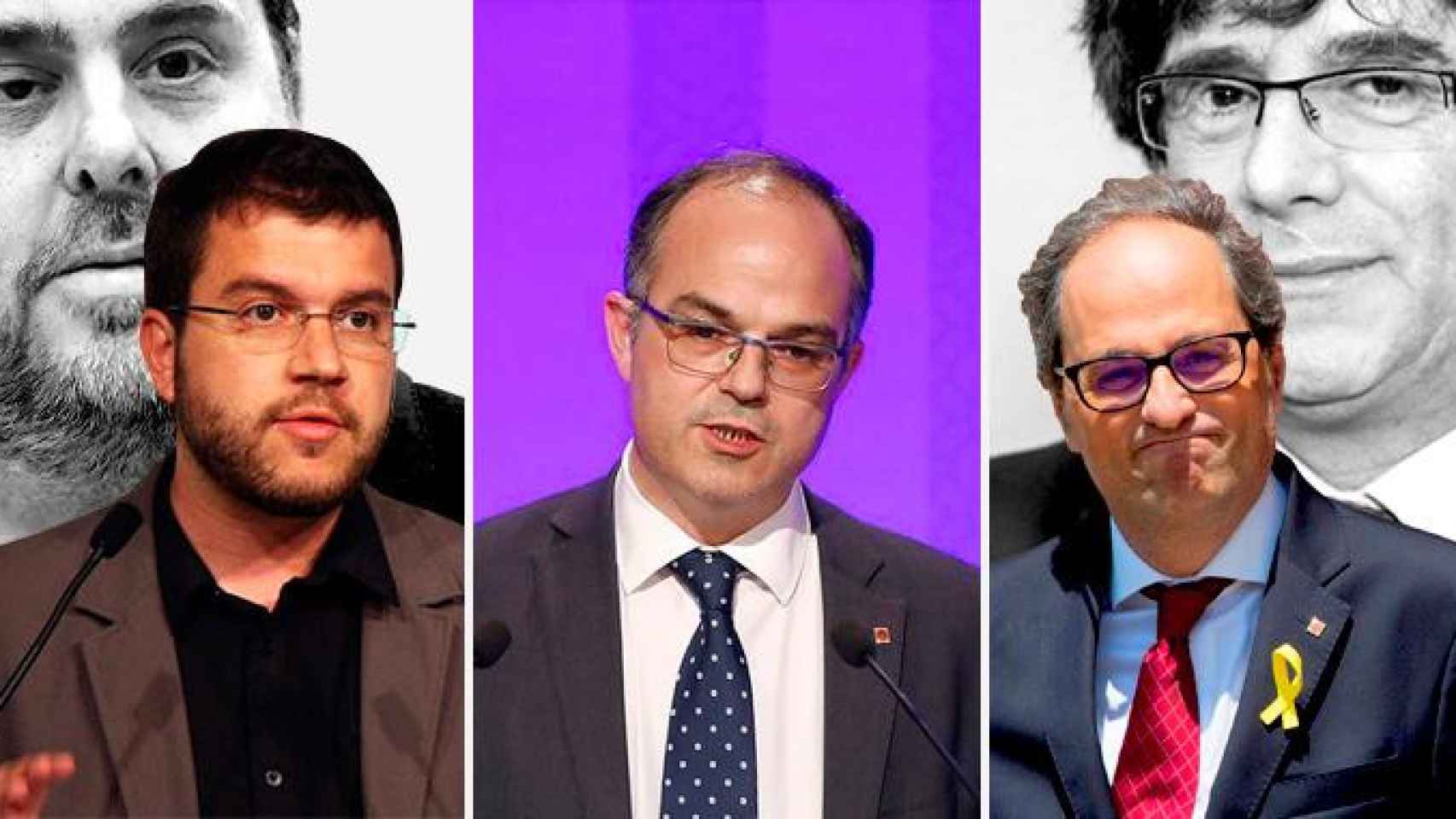 Pere Aragonès ante Junqueras en ERC, Jordi Turull (PDeCAT) y Quim Torra ante Carles Puigdemont como JxCat, representantes de los tres sectores del Govern / FOTOMONTAJE DE CG