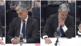 Dos imágenes de Ricardo Costa durante el interrogatorio de la trama Gürtel de esta mañana en la Audiencia Nacional / EFE