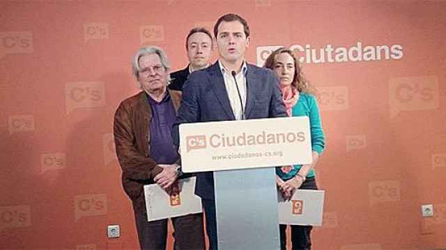 Nart, Girauta, Rivera y Punset de C's, durante la rueda de prensa de proclamación de los candidatos a las elecciones europeas / CG