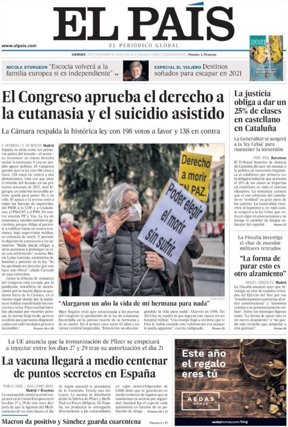 Portada de 'El País del 18 de diciembre de 2020 / EL PAÍS