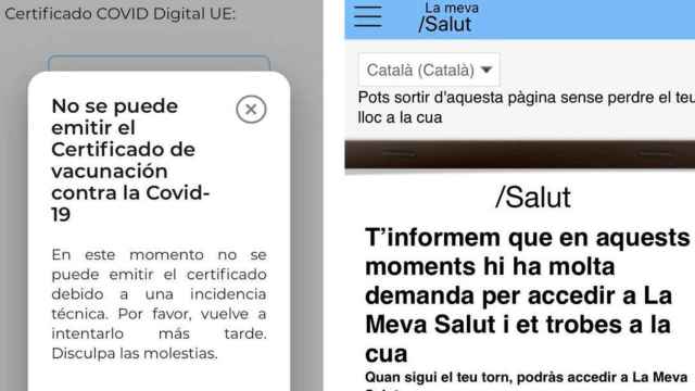 Dos imágenes de error de la página web del certificado Covid de la Consejería de Salud / CG