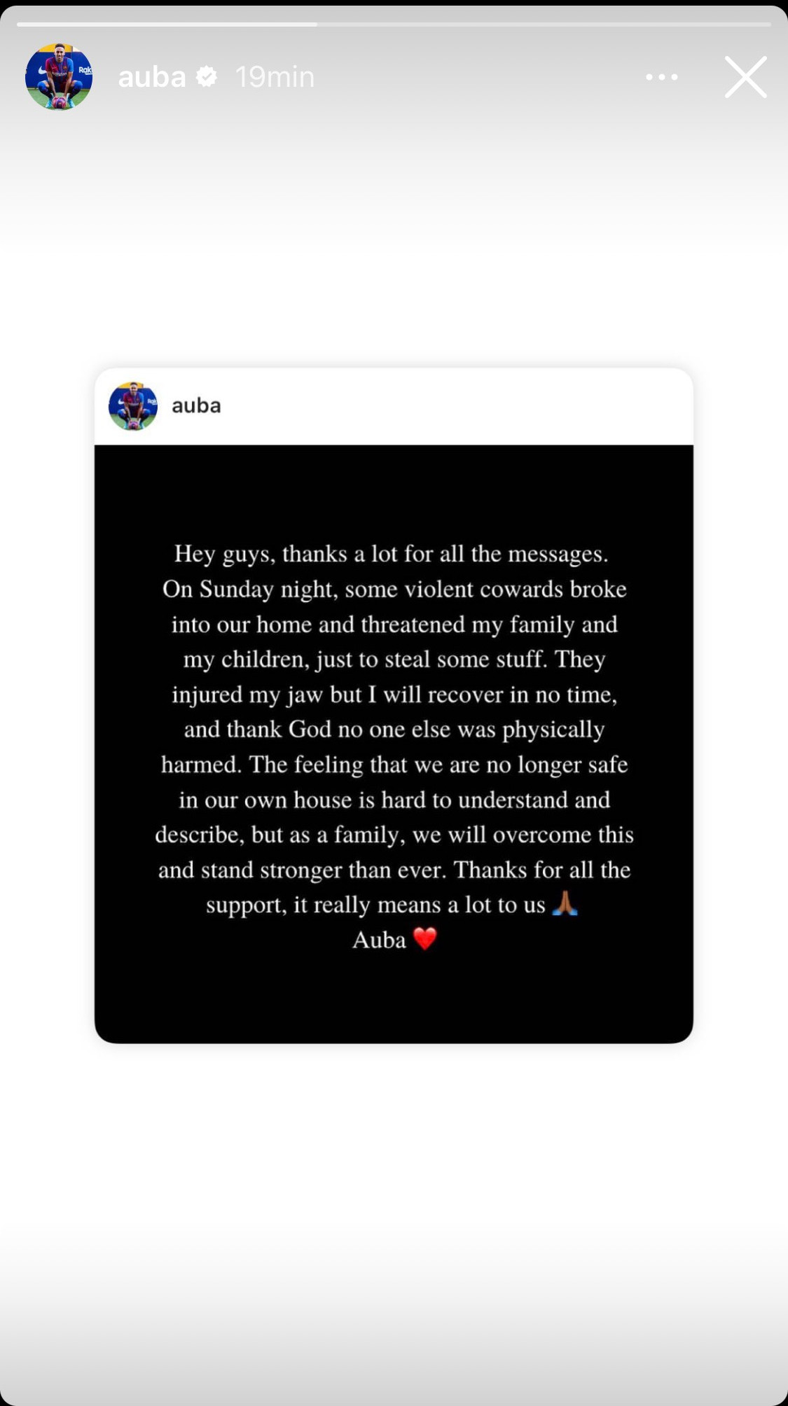 El mensaje de Aubameyang en Instagram tras el violento episodio REDES