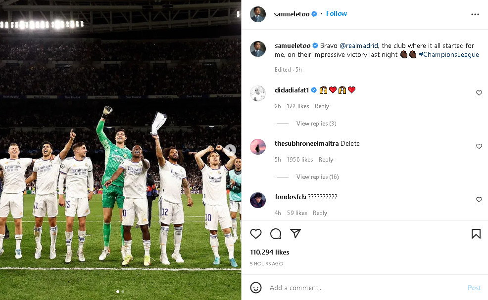 Samuel Eto'o, felicitando al Real Madrid por clasificar a la final de la Champions League / Redes