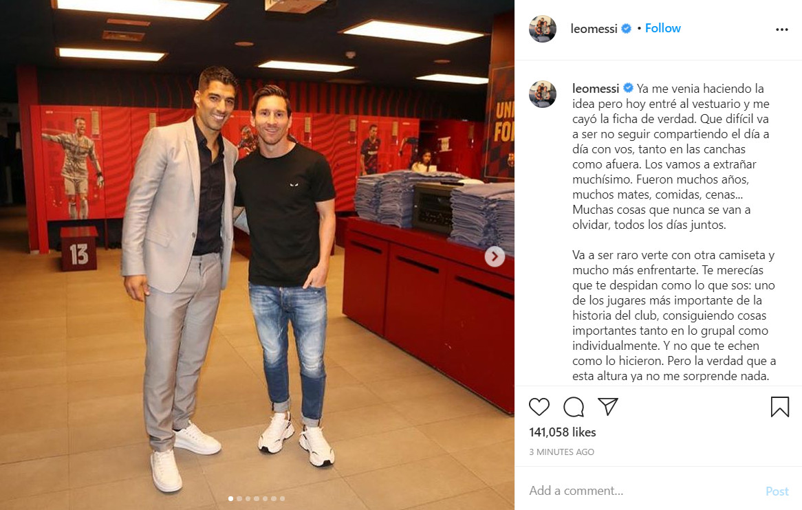 Mensaje de Messi a Suárez en redes sociales / Instagram