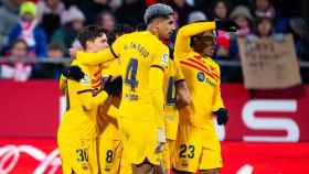 Los jugadores del Barça, con la camiseta de la Senyera, celebrando un gol en la Liga / FCB
