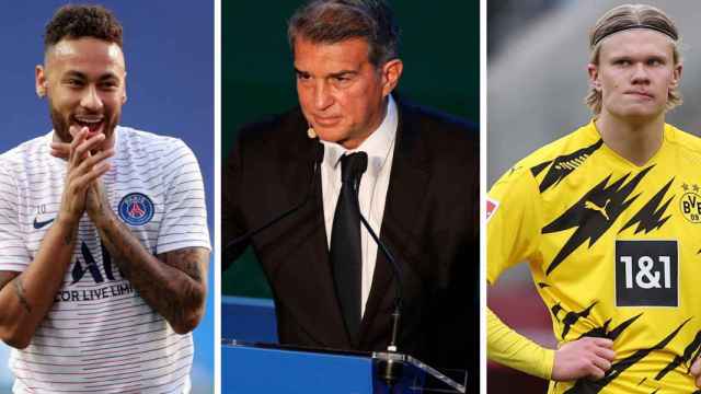 Neymar, Laporta y Haaland, en un montaje | Culemanía