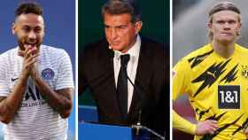 Neymar, Laporta y Haaland, en un montaje | Culemanía