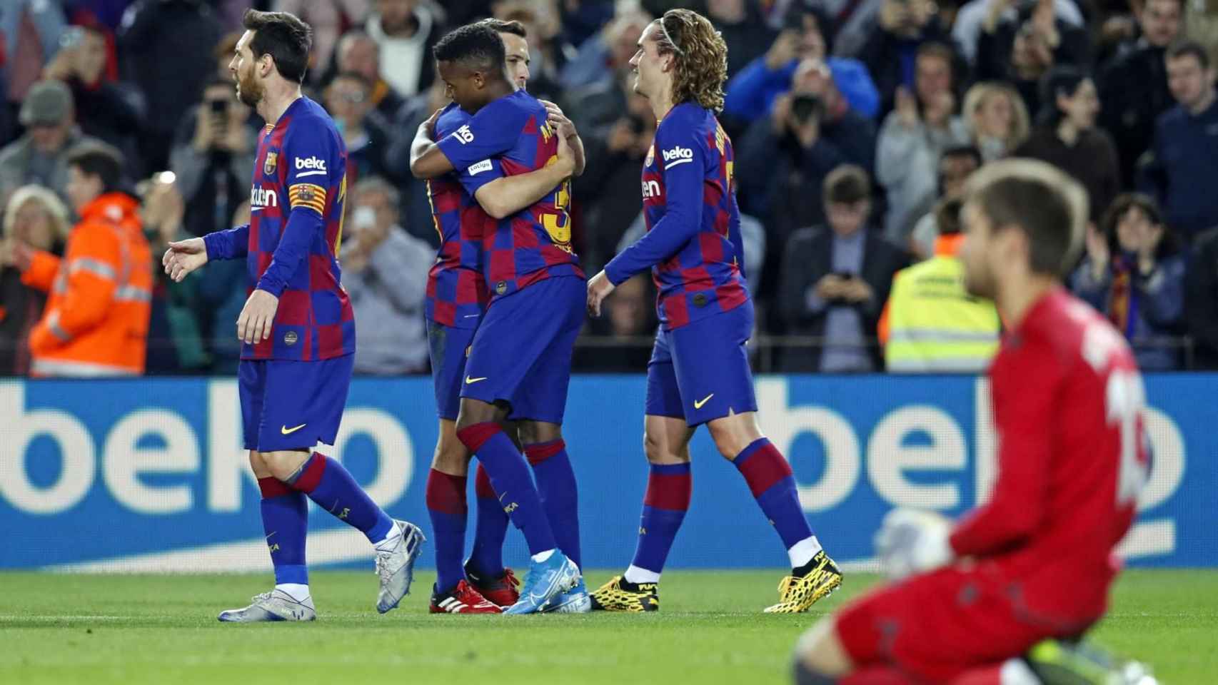 Los jugadores del Barça celebrando un gol de Ansu contra el Levante / FC Barcelona