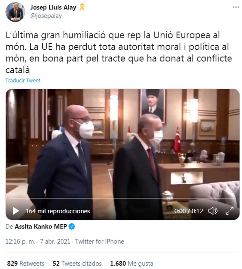 Josep Lluís Alay, criticando a la Unión Europea en su perfil de Twitter