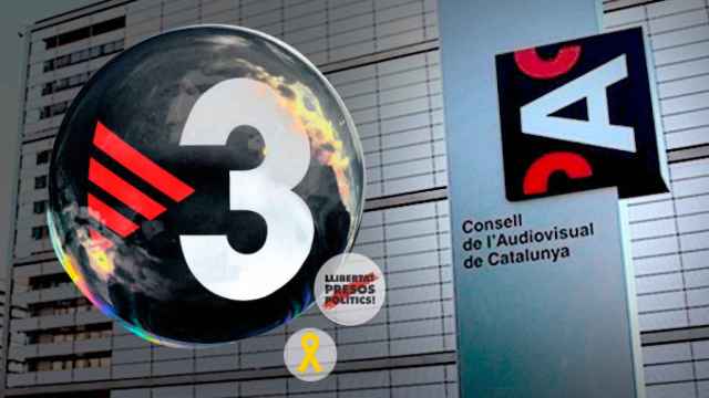 TV3, un lazo amarillo y el rótulo de 'Llibertat presos polítics' dentro de burbujas ante el CAC / FOTOMONTAJE DE CG