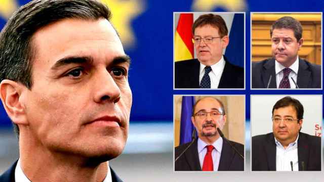 El presidente del Gobierno, Pedro Sánchez, con los barones Javier Lambán, Emiliano García Page, Ximo Puig y Guillermo Fernández Vara