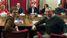 Reunión entre PSOE, Podemos, IU y Cormpromís en el Congreso.