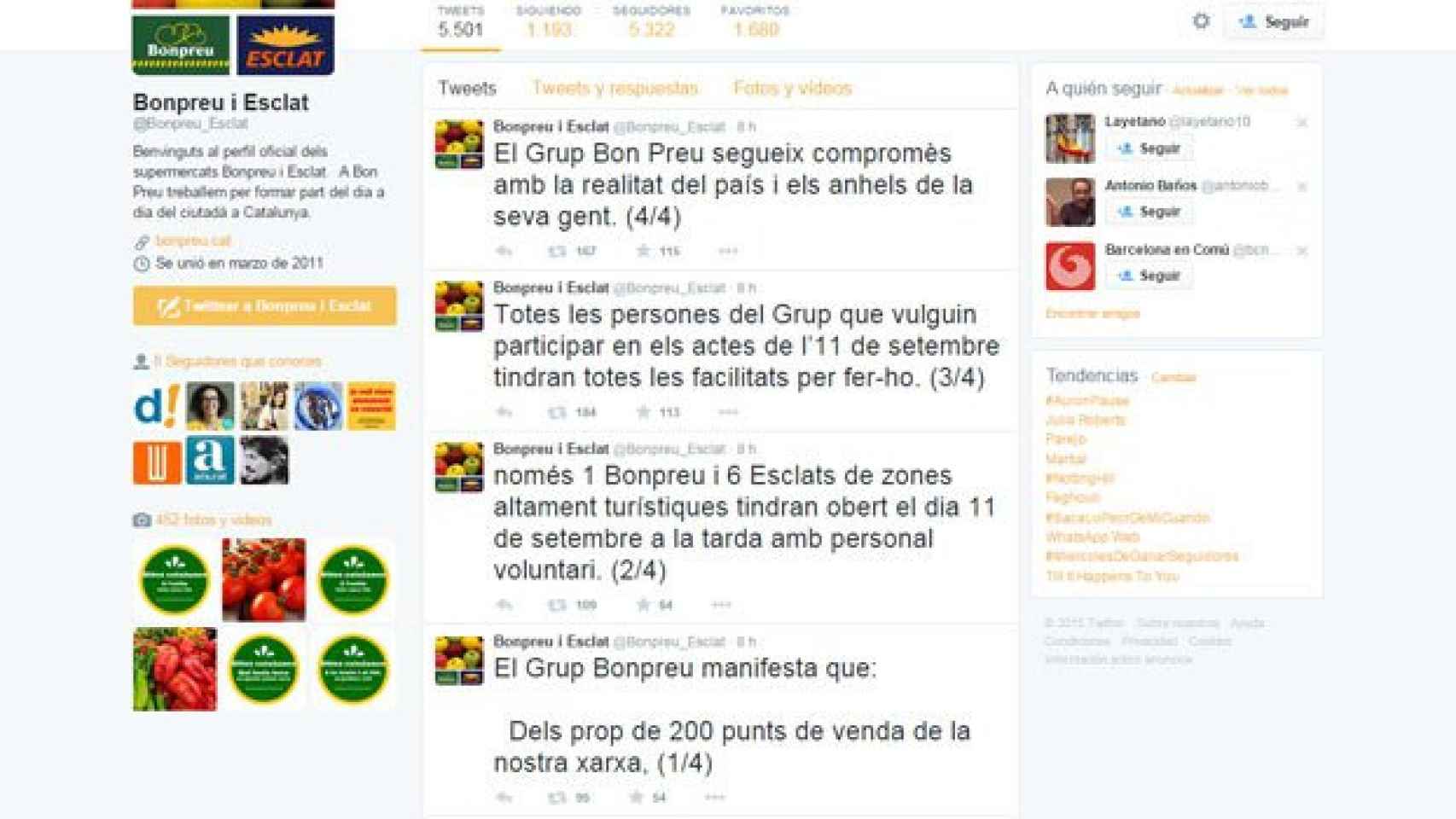 Tuits de Bon Preu animando a sus empleados a participar en los actos del 11S