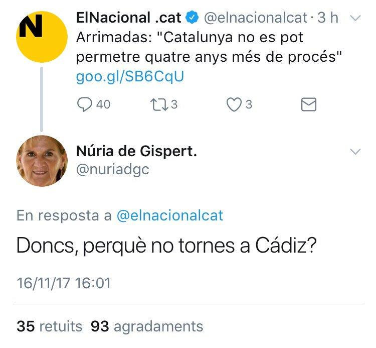 Núria de Gispert le preguntó a Arrimadas en noviembre de 2017 por qué no volvía a Cádiz