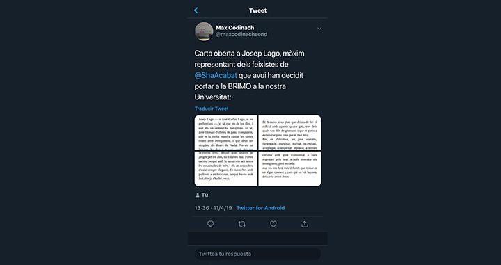 Tuit ya borrado publicado por el usuario que ha amenazado a Josep Lago / CG