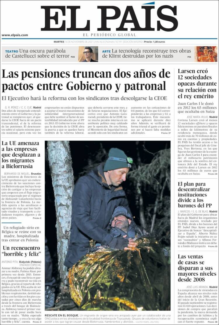 La portada de 'El País' del 16 de noviembre de 2021 / EL PAÍS