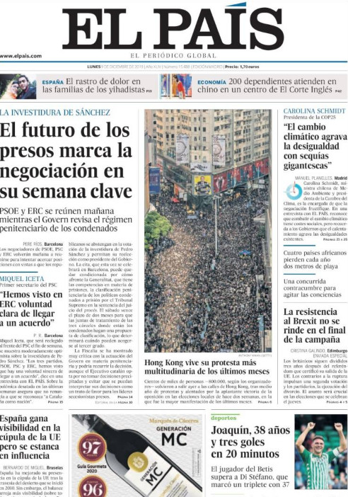 Portada de 'El País' del lunes 9 de diciembre / KIOSKO.NET