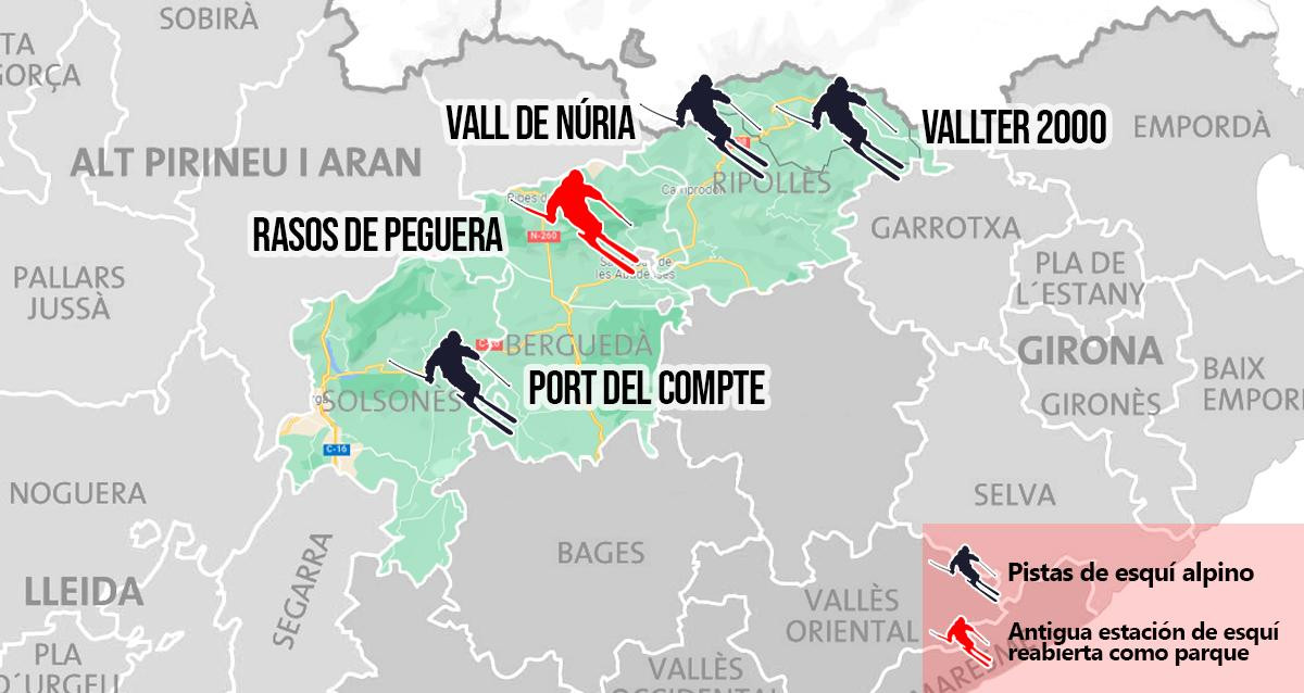 Las tres comarcas --Berguedà, Solsonès y Ripollès-- que el Govern ha dejado fuera de la consulta de los Juegos Olímpicos (JJOO) de Invierno para 2030, con sus respectivas infraestructuras de esquí / MONTAJE CG