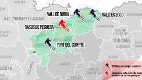 Las tres comarcas --Berguedà, Solsonès y Ripollès-- que el Govern ha dejado fuera de la consulta de los Juegos Olímpicos (JJOO) de Invierno para 2030, con sus respectivas infraestructuras de esquí / MONTAJE CG