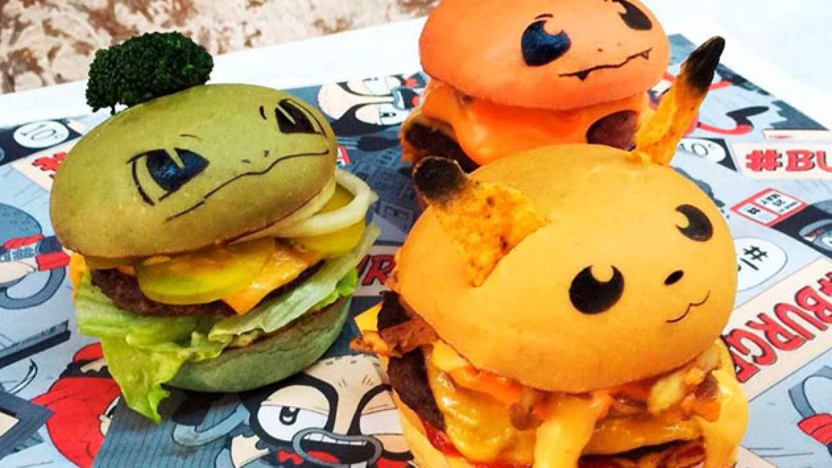 Las tres hamburguesas con forma de pokémons que el restaurante australiano Down-N-Out ha creado. / TWITTER