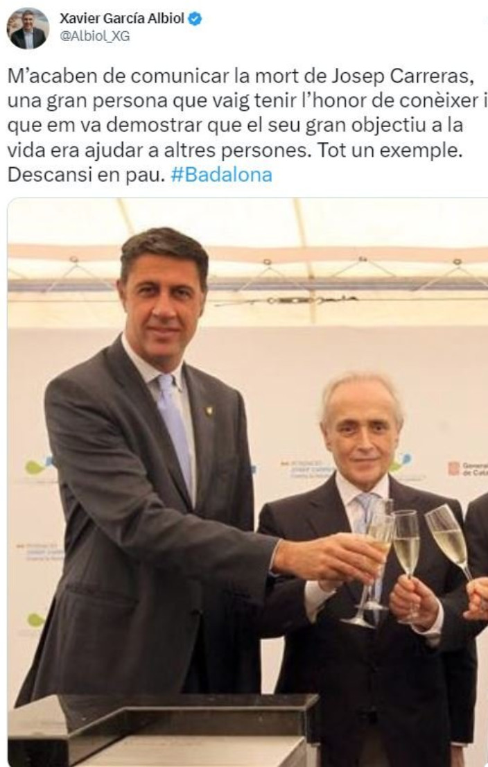 Xavier García Albiol anuncia por error la muerte de Josep Carreras a través de Twitter