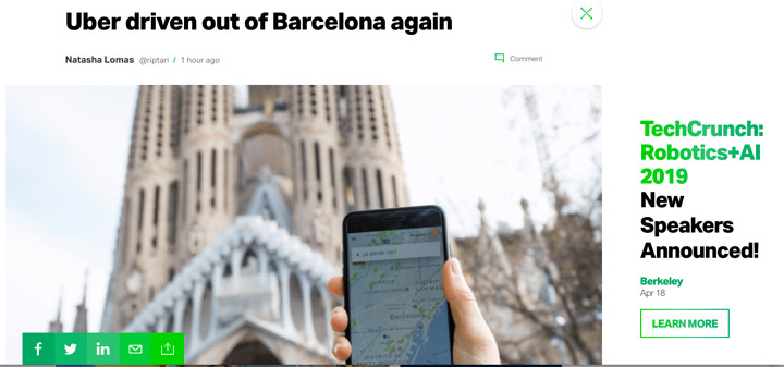 La noticia de la marcha de Uber de Barcelona, en TechCrunch / CG