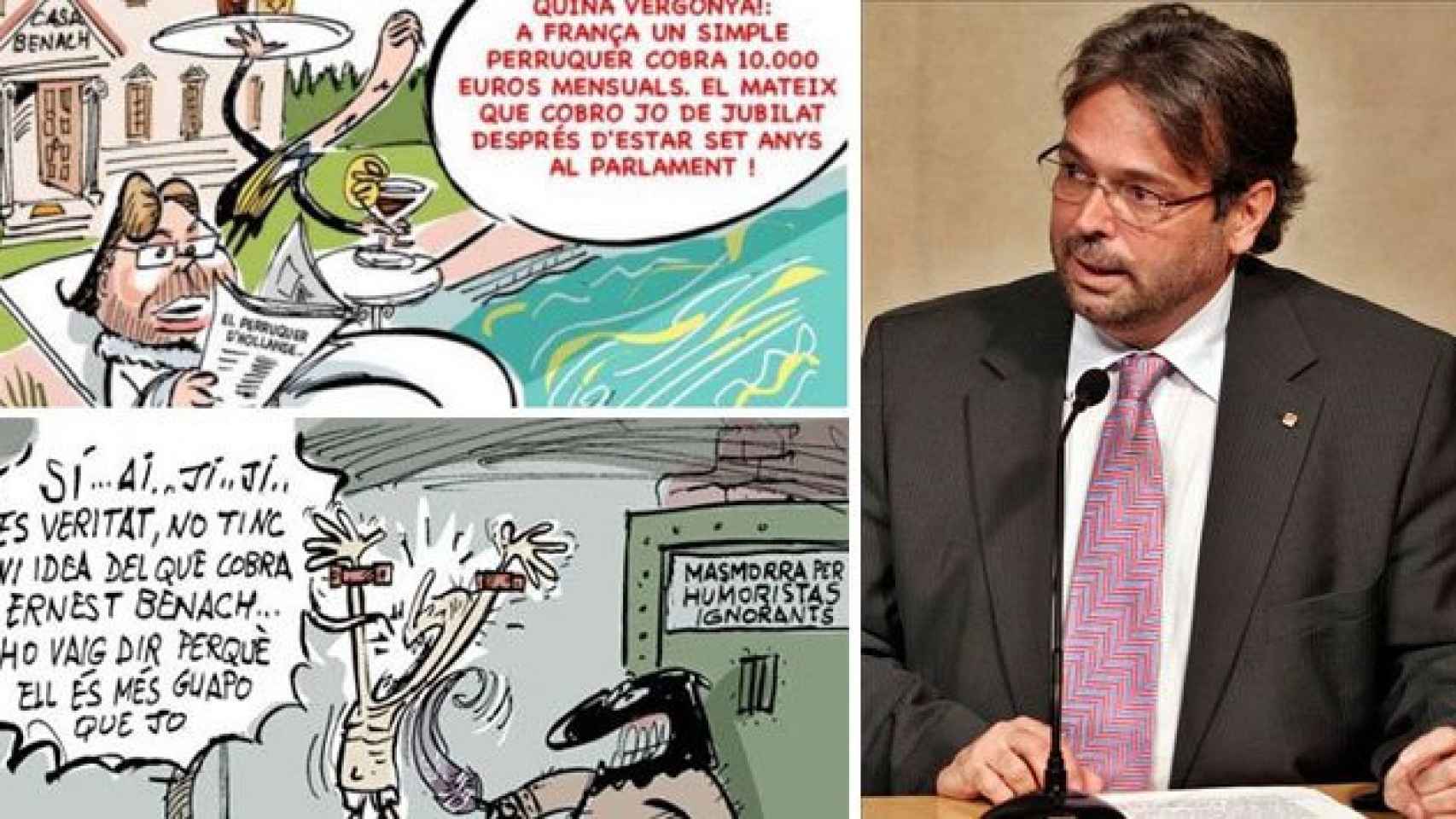 Ernest Benach, expresidente del Parlament (ERC), y las dos viñetas satíricas que le han disgustado / CG