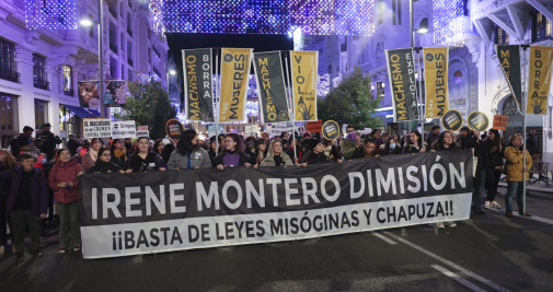 Pancarta contra la ministra de Igualdad, Irene Montero, en la manifestación del 25N en Madrid / EFE - Kiko Huesca
