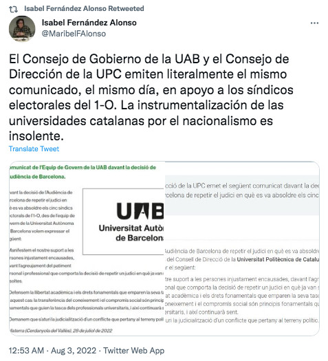 La docente Isabel Fernández Alonso denuncia el comunicado de la UAB y la UPC / TWITTER
