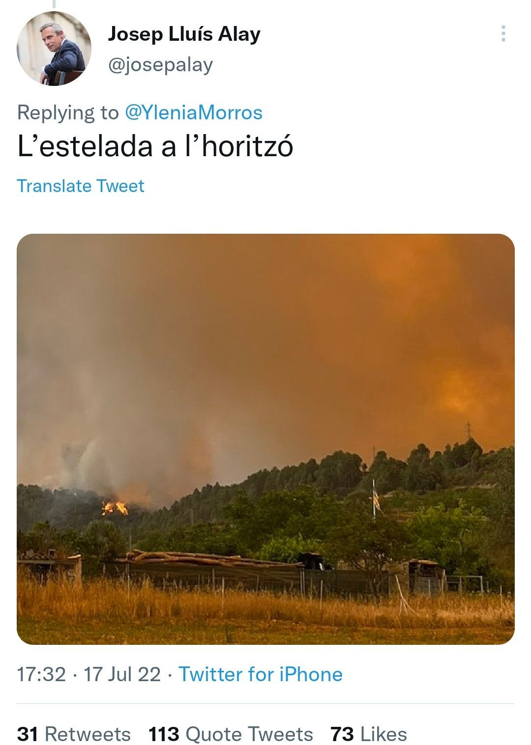 El polémico tuit de Josep Lluís Alay sobre el incendio de Vilomara / CG