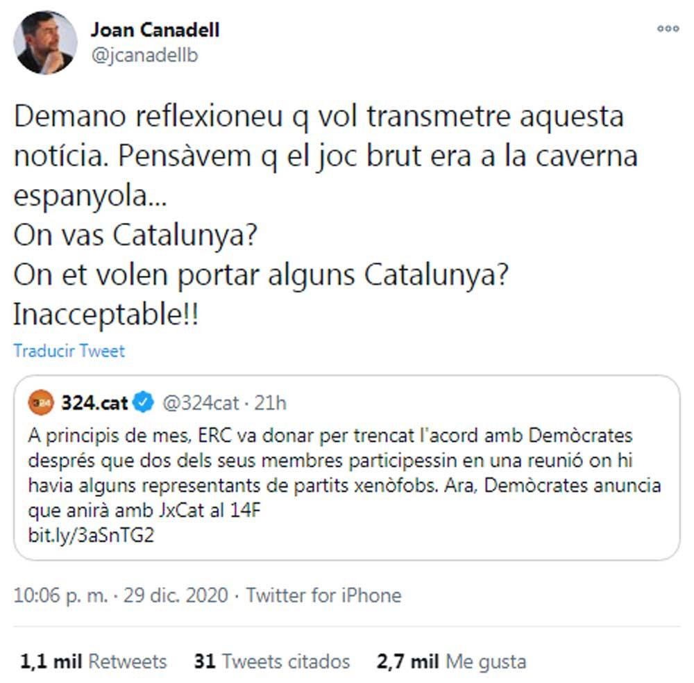 Canadell, criticando a TV3 en Twitter