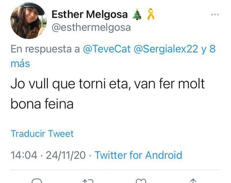 Tuit de Esther Melgosa (JERC) en el que pide la vulta de la banda terrorista ETA / TWITTER 