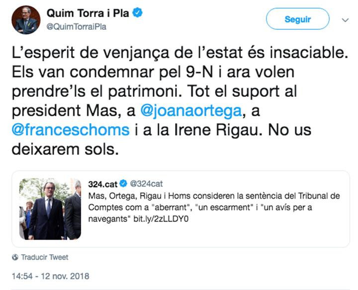 Torra lamenta la sentencia a Artur Mas en Twitter