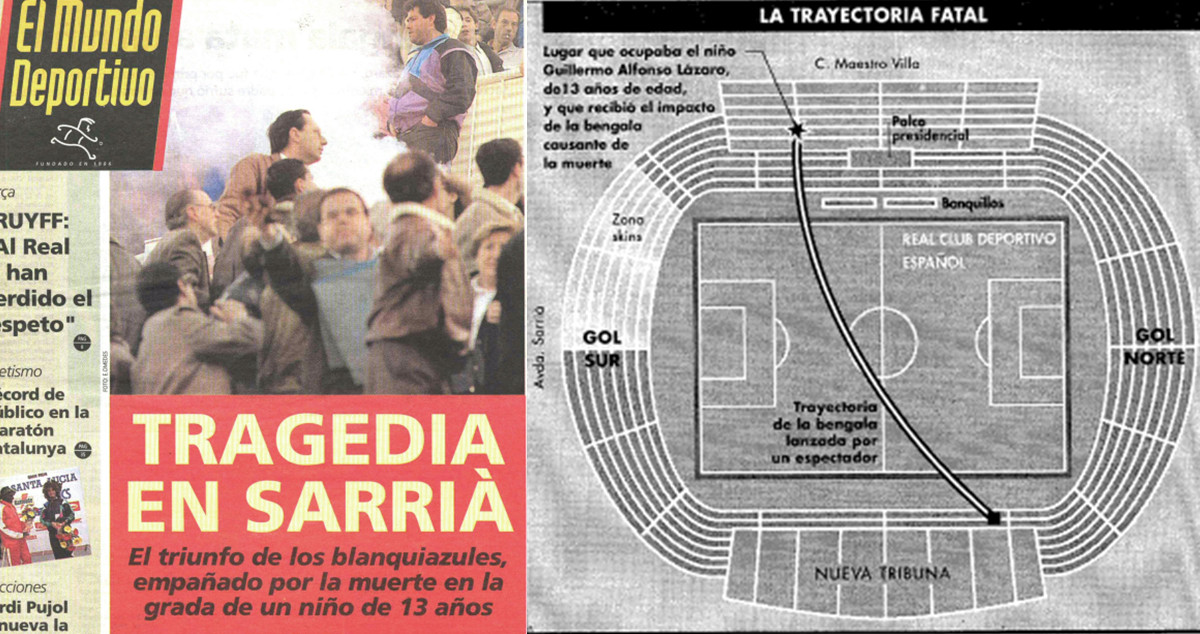 Portada de 'El Mundo Deportivo' del 16 de marzo de 1992 y dibujo de la trayectoria de la bengala que mató a Guillemo Alfonso