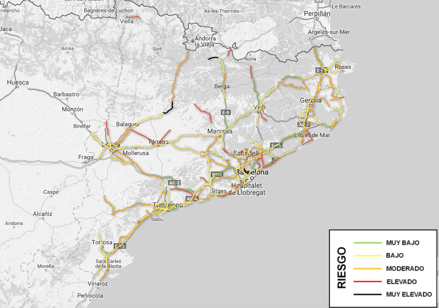 Mapa en el que se muestra el tipo de riesgo en las carreteras de Cataluña / RACC