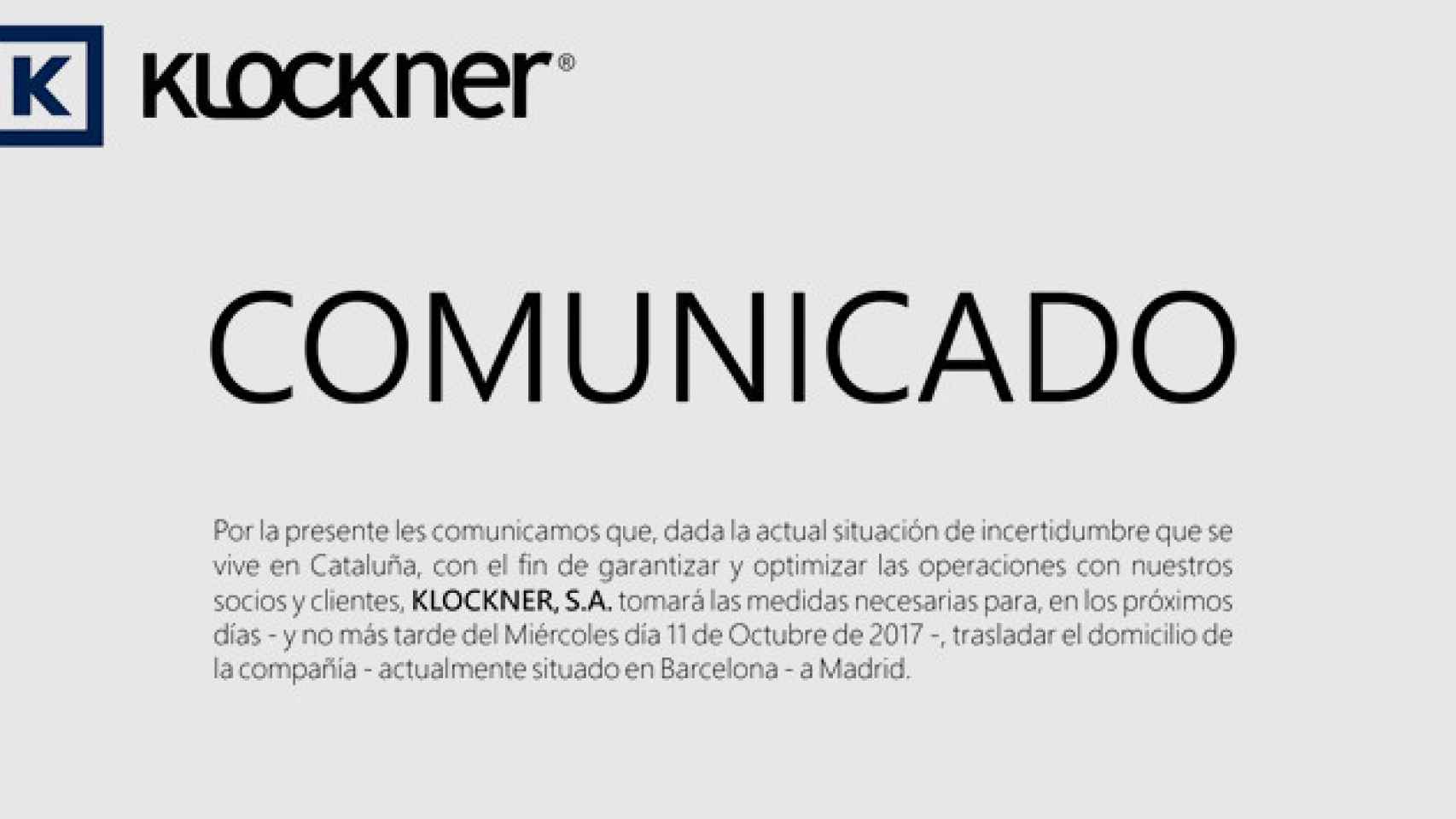 Comunicado de Klockner, comercial de material de medicina dental cuya sede deja Cataluña / TWITTER