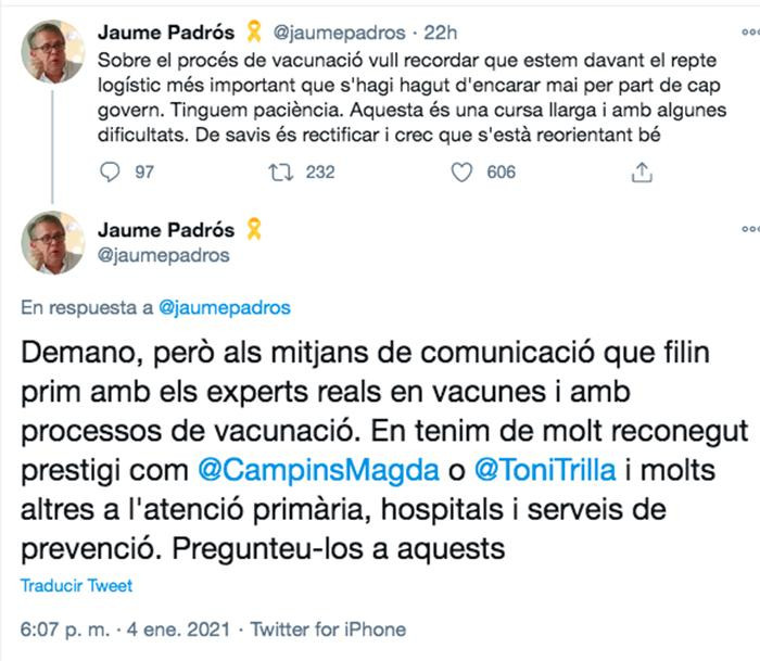 Tuit de Jaume Padrós sobre el proceso de vacunación