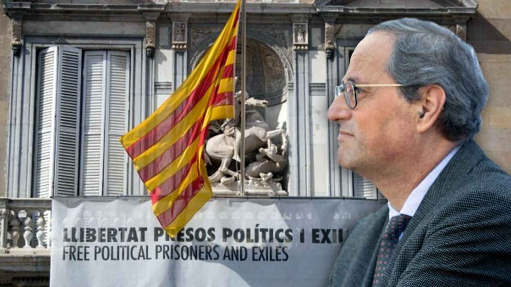 El presidente de la Generalitat, Quim Torra, con la pancarta de apoyo a los políticos presos / FOTOMONTAJE DE CG