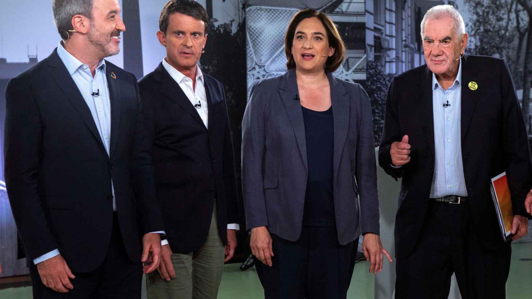 Los candidatos a la alcaldía de Barcelona, Jaume Collboni (PSC), Manuel Valls (BCN-Cs), Ada Colau (BComú), y Ernest Maragall (ERC) / EFE