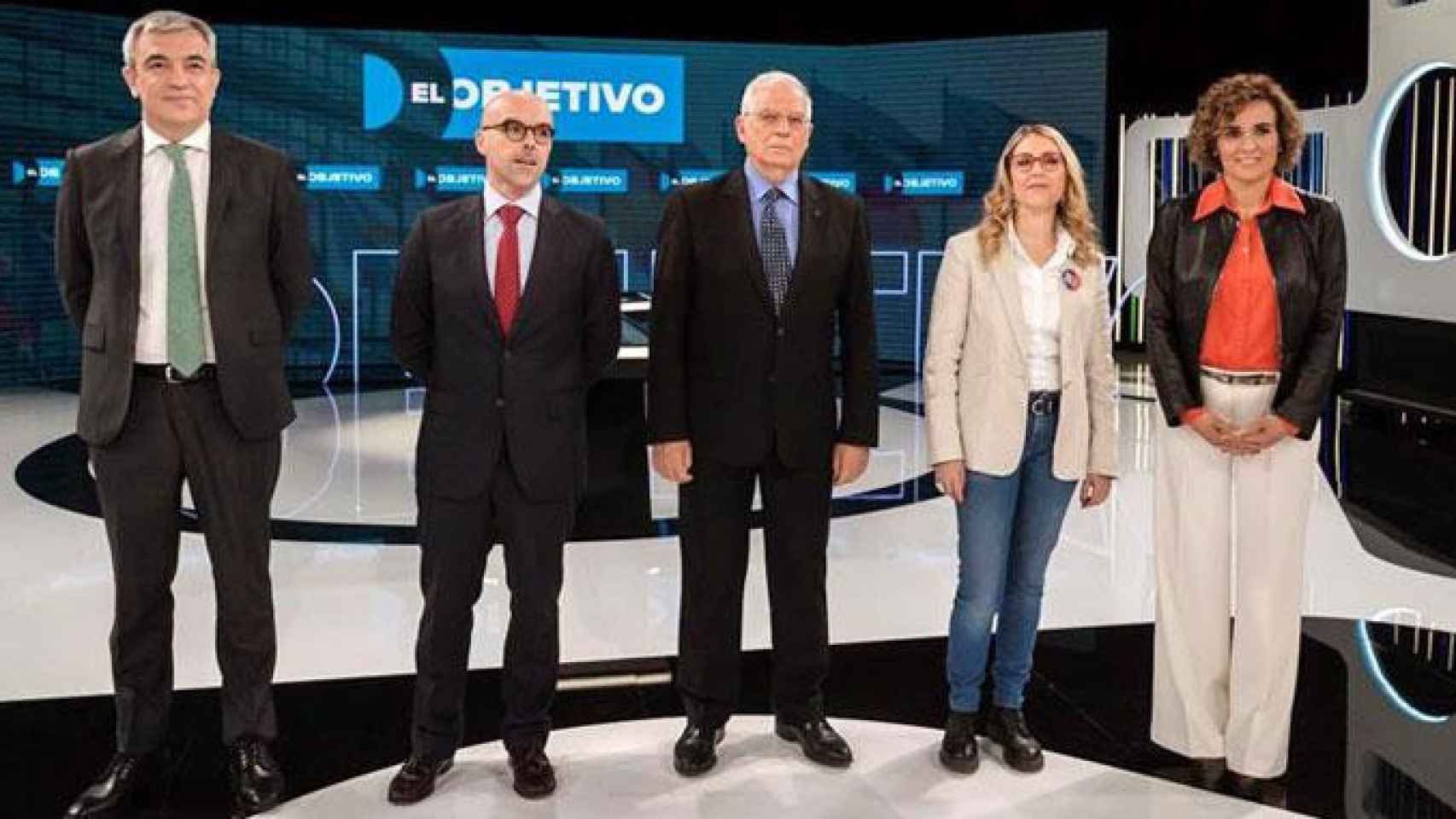 Las candidatos a las elecciones europeas (i-d) Luis Garicano (Cs); Jorge Buxadé (Vox); Josep Borell (PSOE); María Eugenia Rodríguez (Podemos); Dolors Montserrat (PP), durante el debate televisivo / EFE