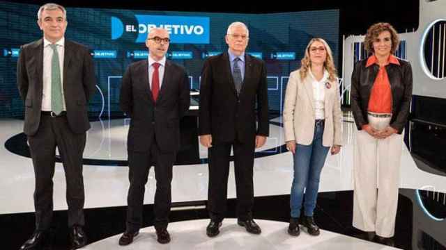 Las candidatos a las elecciones europeas (i-d) Luis Garicano (Cs); Jorge Buxadé (Vox); Josep Borell (PSOE); María Eugenia Rodríguez (Podemos); Dolors Montserrat (PP), durante el debate televisivo / EFE