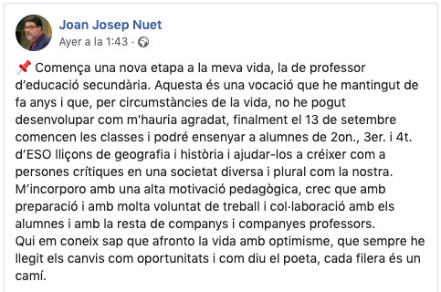 Mensaje de Joan Josep Nuet en su cuenta personal de Facebook / FACEBOOK