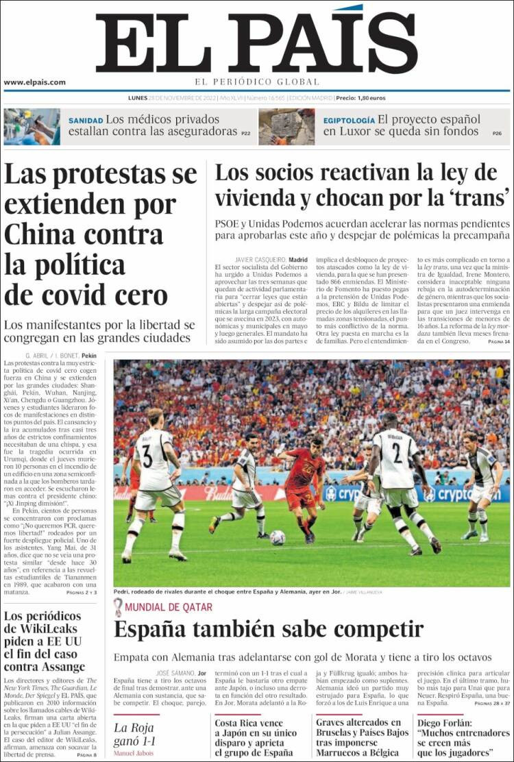Portada de 'El País' del 28 de noviembre de 2022 / Kiosko