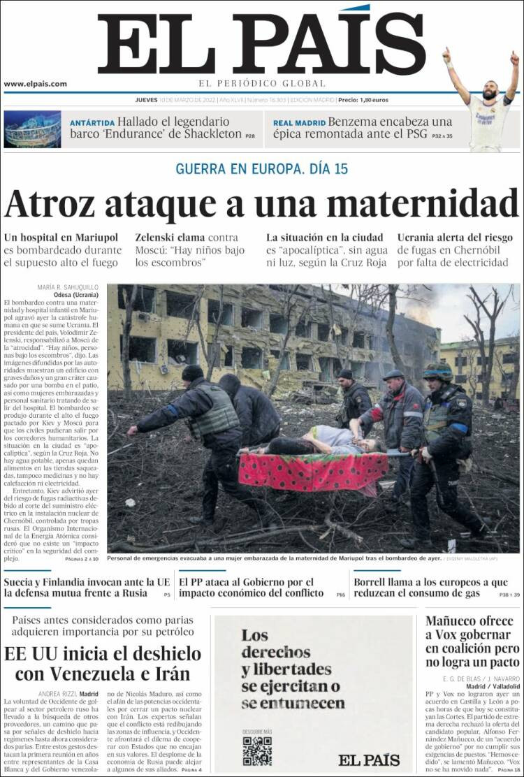 Portada de 'El País' del 10 de marzo de 2022 / Kiosko