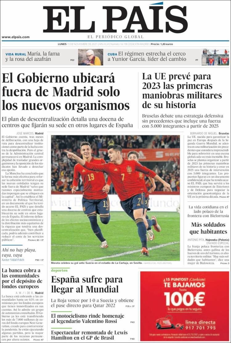 Portada de 'El País' del 15 de noviembre / EL PAÍS