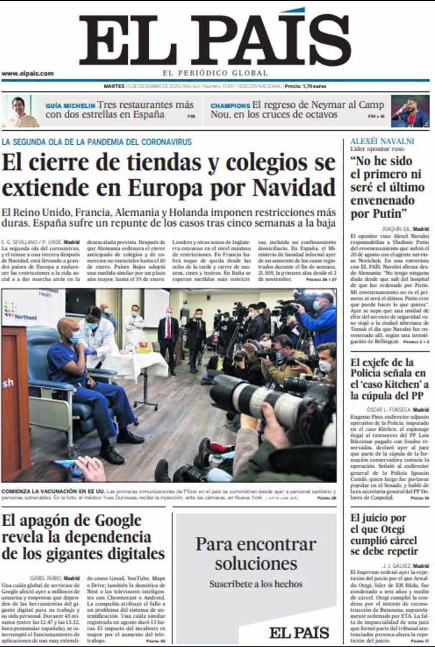 Portada de 'El País' del 15 de diciembre de 2020 / KIOSKO.NET