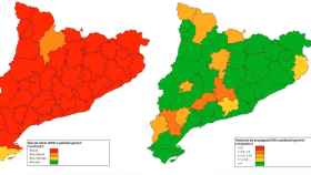Riesgo rebrote (izquierda) y velocidad de contagio (derecha) del coronavirus en Cataluña a 15 de febrero del 2021 / DADES COVID