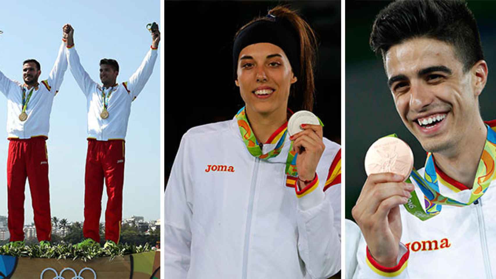 Saúl Craviotto y Cristian Toro ganan el oro (i), Eva Calvo celebra su plata (c) y Joel González recibe el bronce. / CG