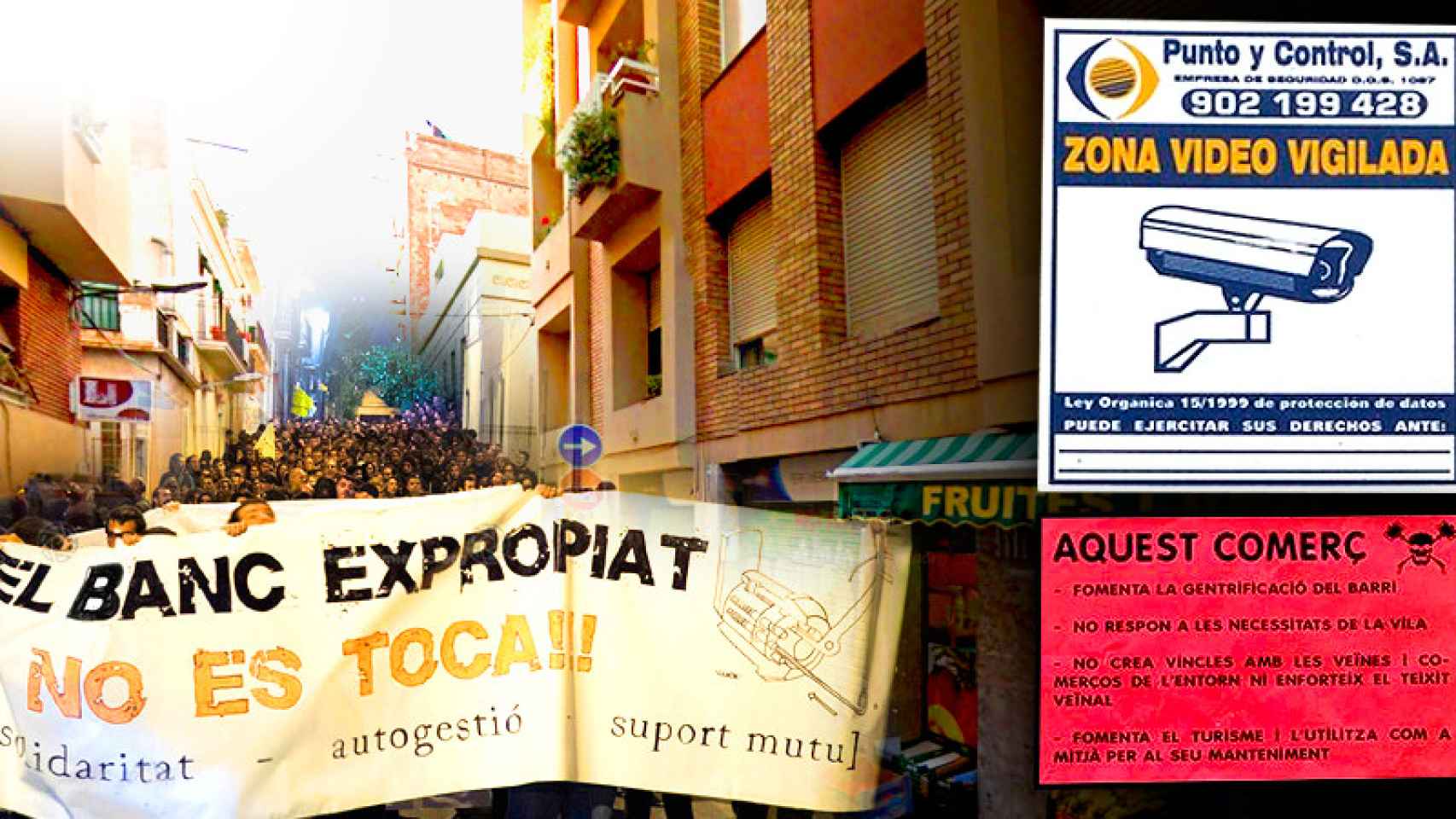 Los 'okupas' del Banco Expropiado de Barcelona por una calle de Gràcia. A la derecha, el panfleto marca la fachada de un negocio turístico vecino.