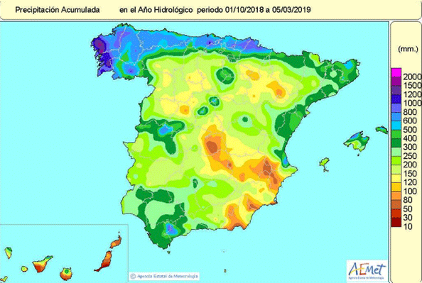 Precipitacion acumulada en el año hidrologico en Espana